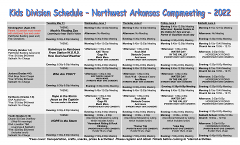 Kids Division Schedule - Northwest Arkansas Campmeeting - 2022